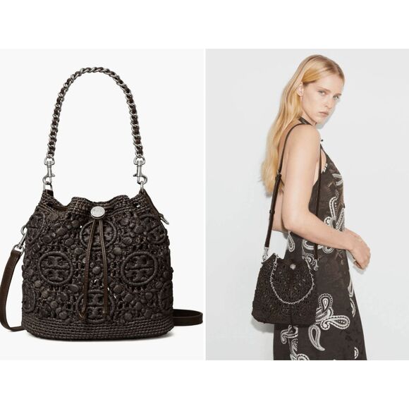 Tory Burch T MONOGRAM RAFFIA BUCKET BAG $630 - Picture 1 of 12